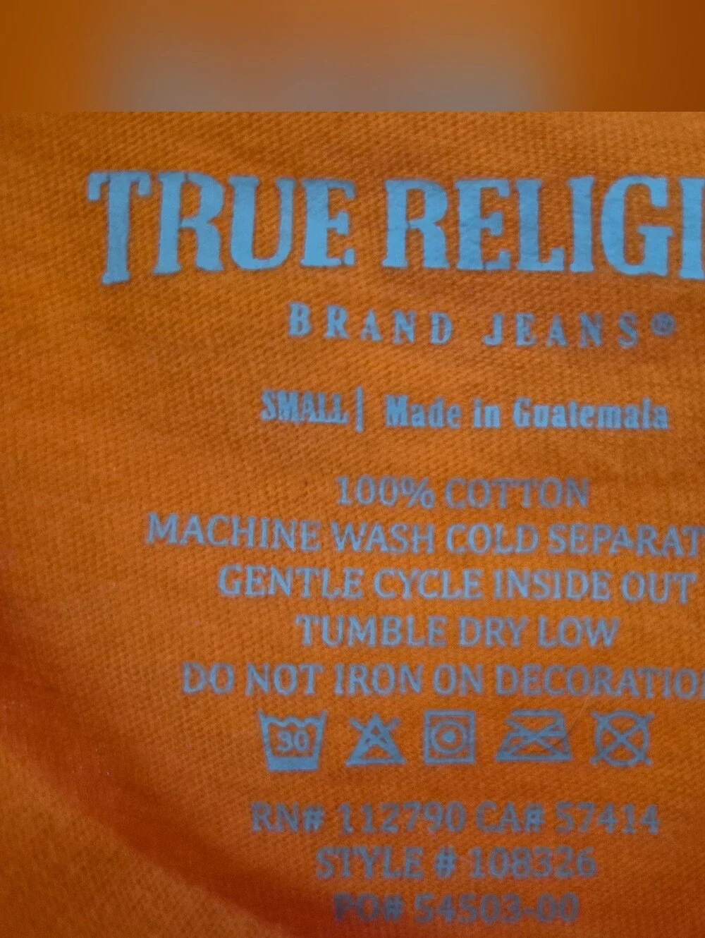 True Religion Orange Graphic Tee with Blue Logo